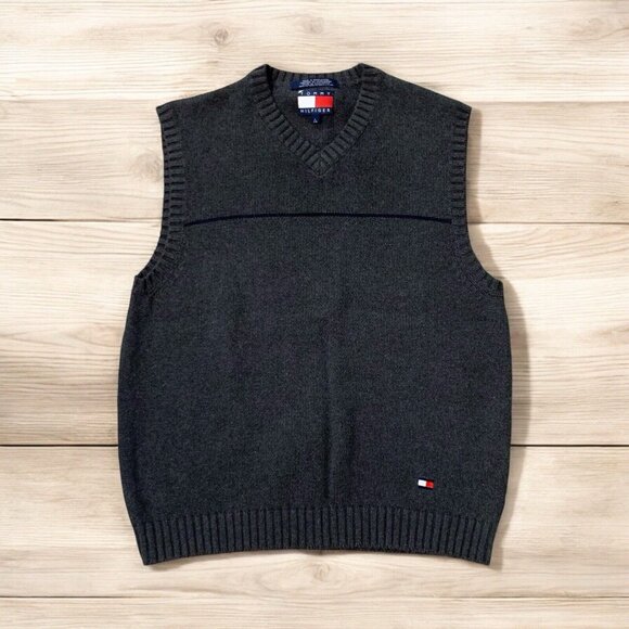 Tommy Hilfiger Sweater Vest Mens L Large‎  Pullover V Neck Gray ~ With Logo Y2K - Picture 1 of 8